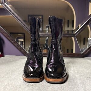 Nero Giardini Black Patent Leather Block Heel Ankle Boots with Wooden Heel